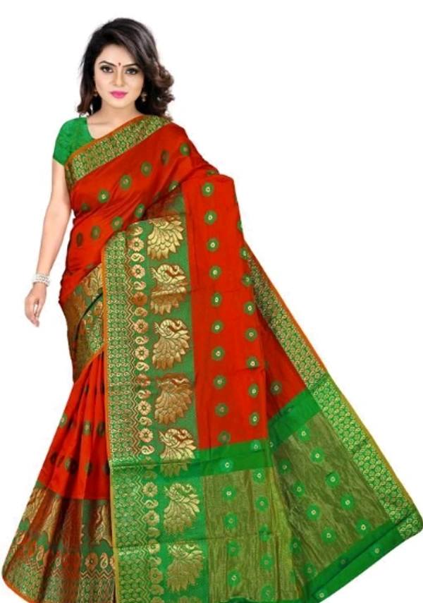 Jacquard Work Banarsi Cotton Silk  Saree With Blouse Piece - Red/ Green,  